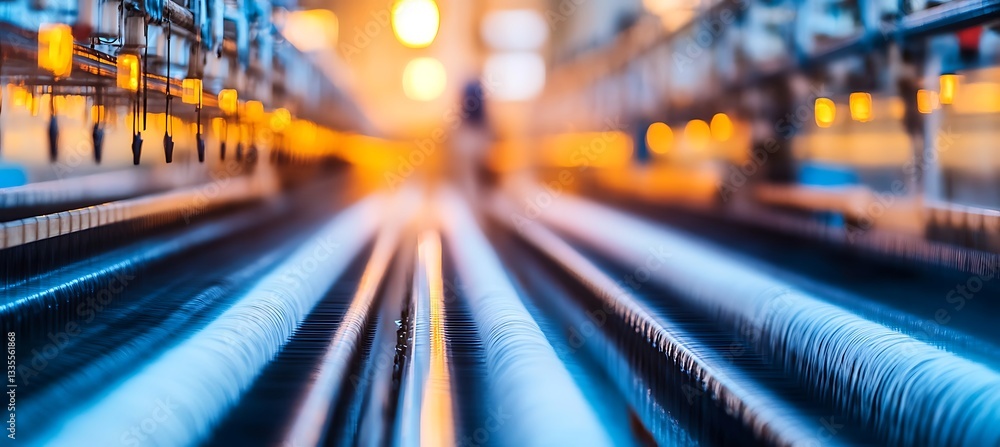 Poster an expansive inside view of a textile mill with modern machines weaving fabrics efficiently