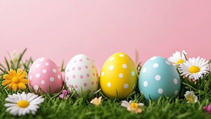 A vibrant display of Easter eggs with polka dots surrounded by daisies and green grass on a pink backdrop : Generative AI