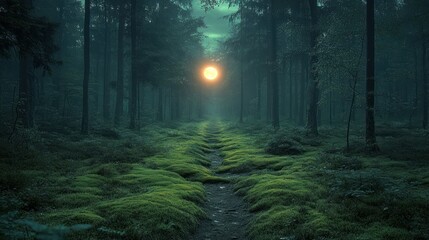 Obraz premium Misty forest path at night with a bright moon