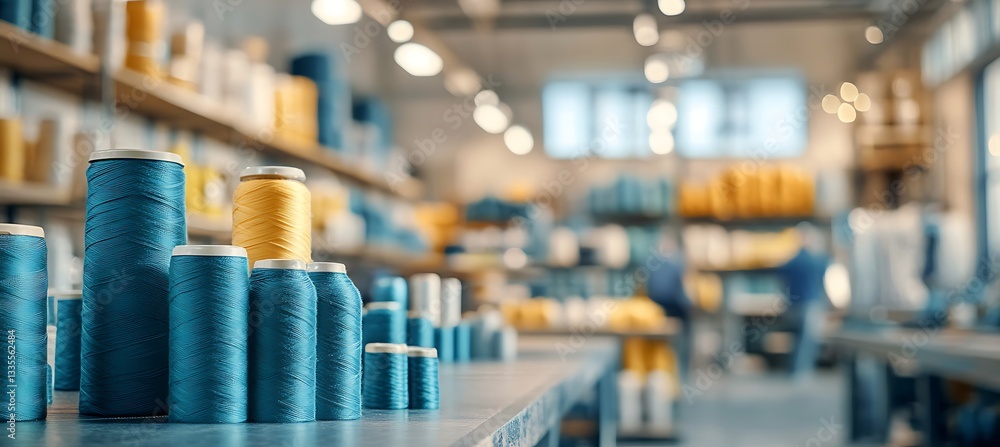Poster inside a large textile mill: a panoramic shot showing machines working and creating fine fabrics