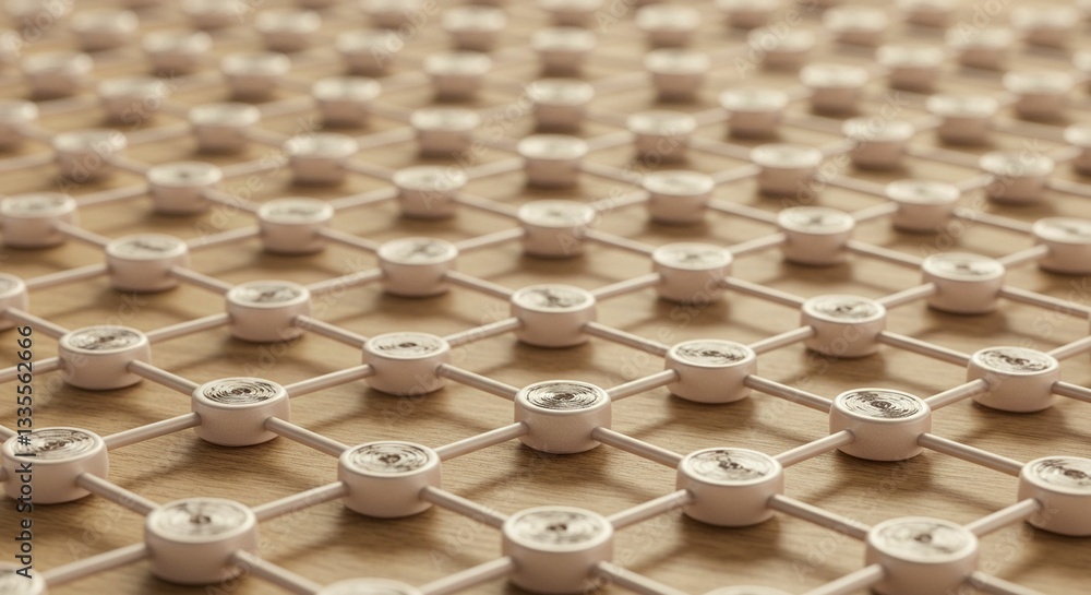 Poster abstract network connection grid beige nodes and links on wood background