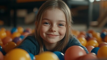 Happy girl in ball pit.