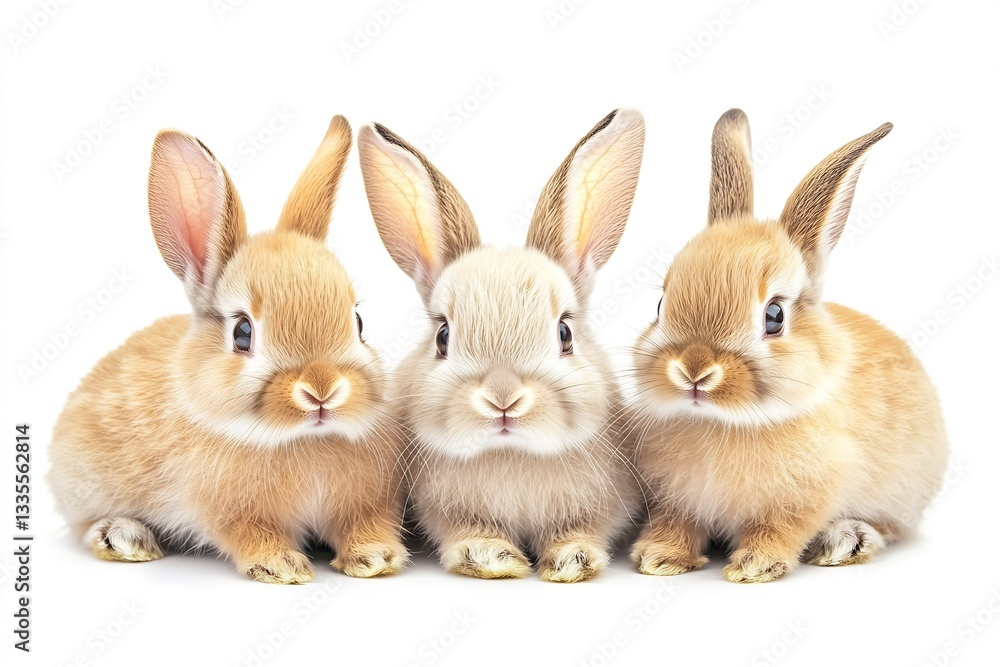 Poster charming trio of fluffy orange rabbits with soft ears lounging on a bright background : generative a