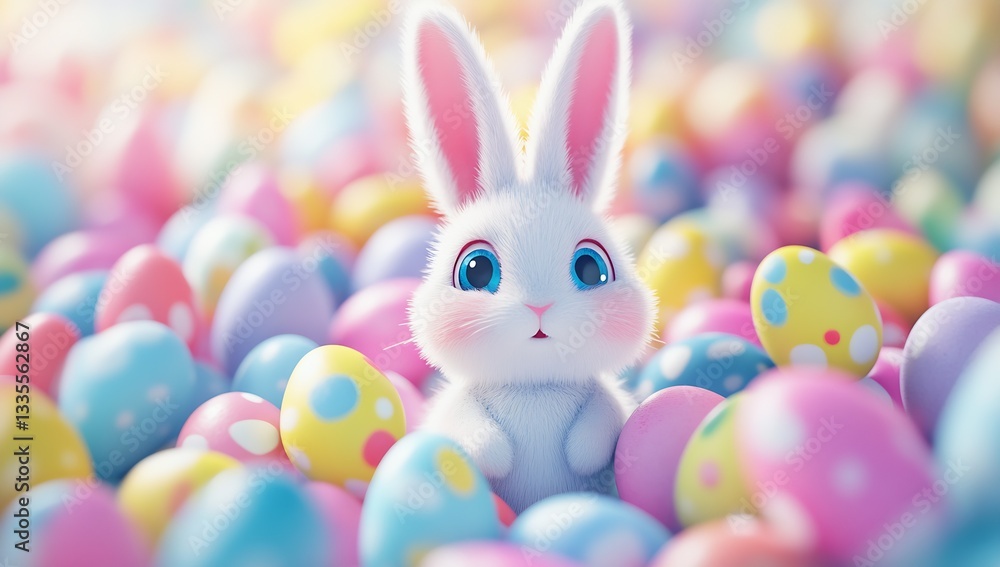 Poster adorable white bunny with big eyes surrounded by colorful easter eggs in cheerful setting : generati