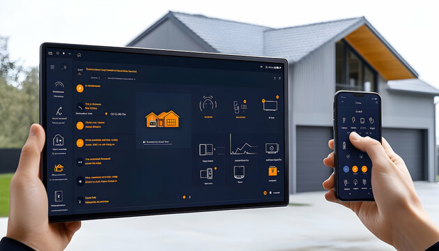 Smart home control via digital tablet and smartphone modern technology concept