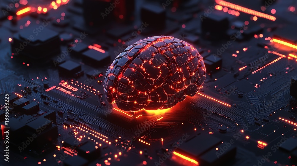 Poster abstract digital brain glowing circuit board technology artificial intelligence neural network futur