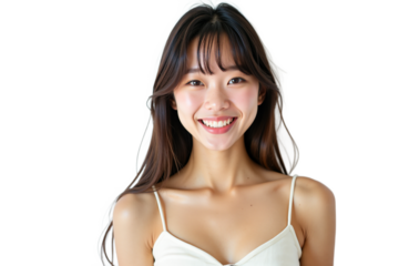 Portrait of beautiful asian woman smiling nicely. Young cheerful female with dark hair in white top posing in studio with soft lighting. Isolated on transparent background.
