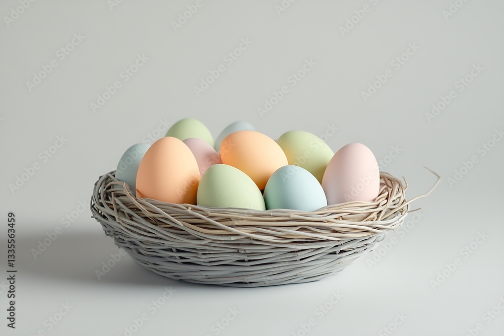 Aufkleber soft pastel easter eggs arranged in a shallow wicker bowl capturing the essence of spring festivitie