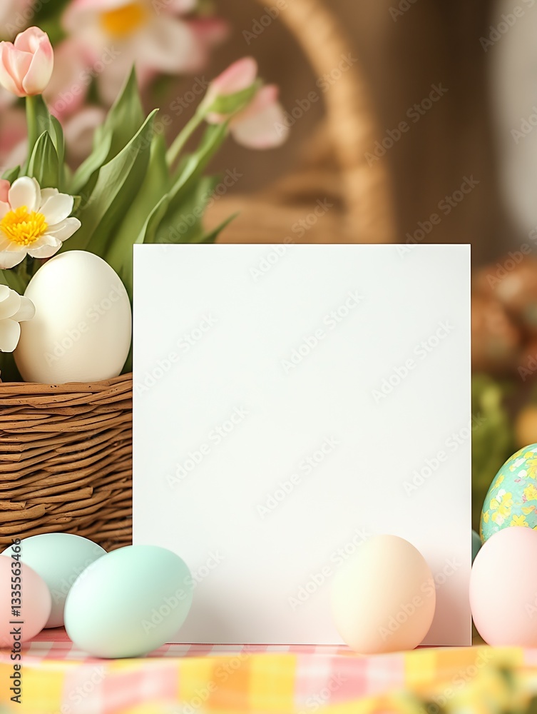 Aufkleber charming easter decoration with empty space surrounded by beautiful eggs and fresh flowers : generat