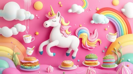 Naklejka premium A cute unicorn is surrounded by a rainbow and various food