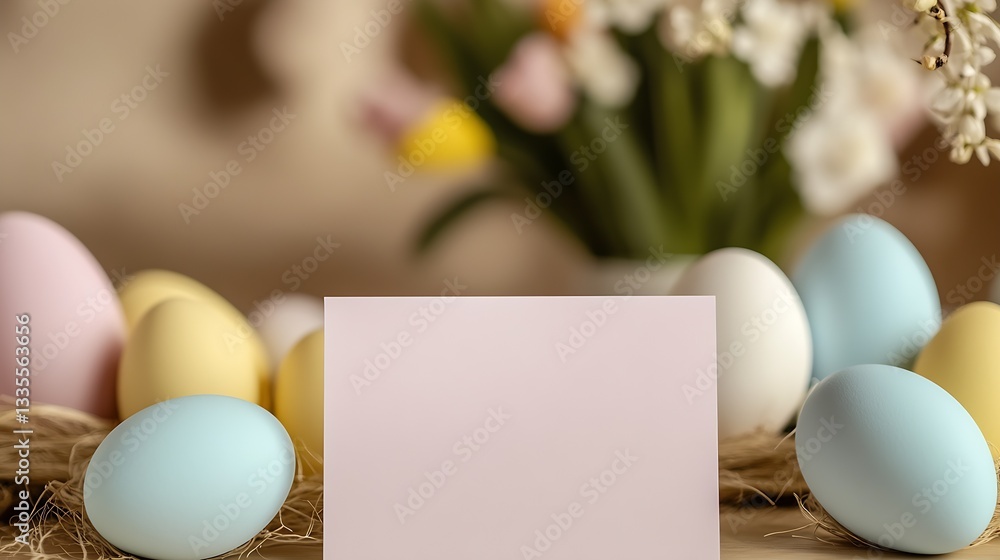 Aufkleber Charming display of pastel Easter eggs and a flower bouquet with an empty card for personal messages : Generative AI