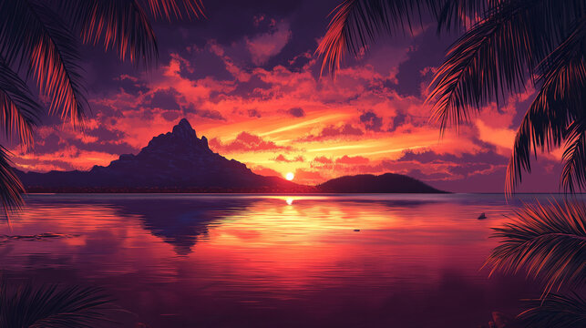 A bright sunset over Bora Bora, the sky shimmering with shades of orange, pink and purple, palm trees framing the view