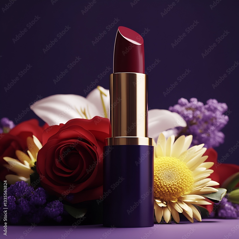 Poster sophisticated lipstick with rich color surrounded by colorful floral accents for a glamorous effect 