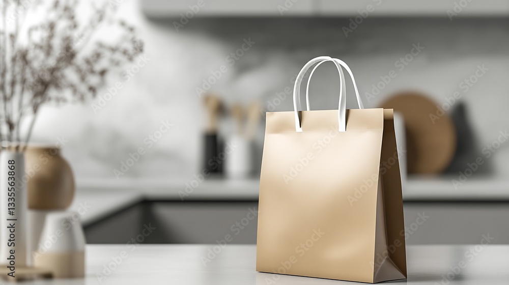 Poster Sleek and elegant shopping bag positioned on a kitchen counter with minimalist decor and soft lighting : Generative AI