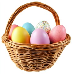 Charming pastel Easter eggs in a woven basket bring joy to spring festivities and celebrations : Generative AI