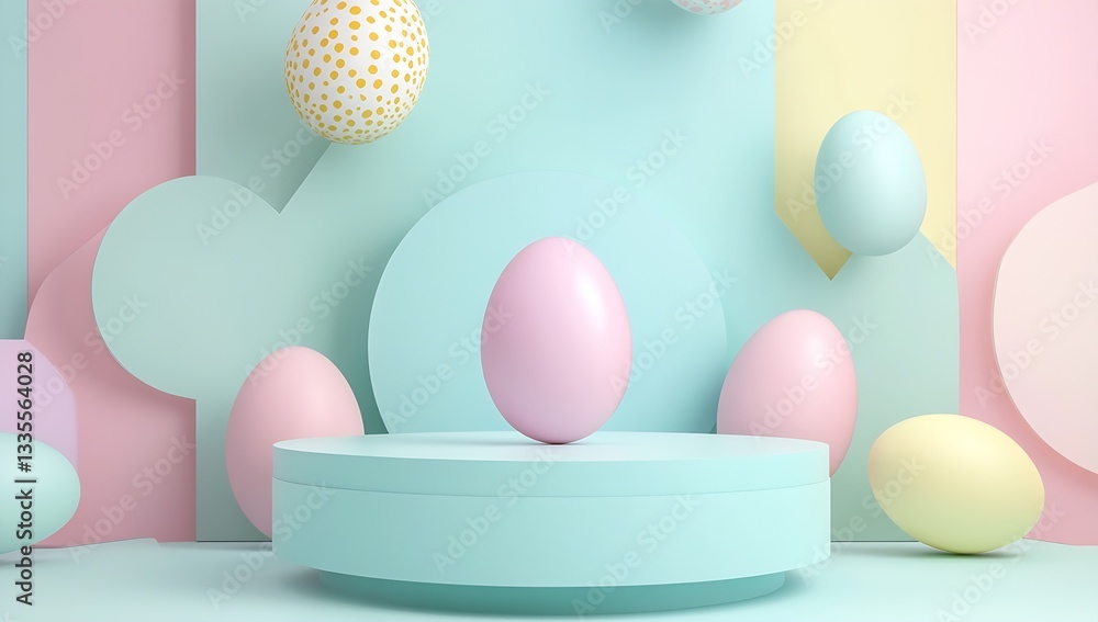 Poster minimalistic pastel themed easter egg display surrounded by geometric shapes : generative ai