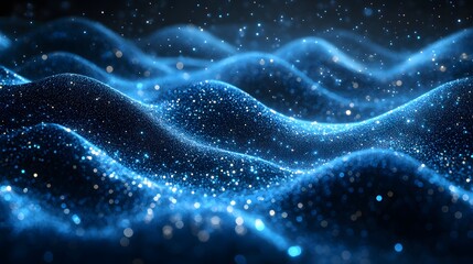 Blue light particles and wave glitters in a 3D abstract digital technology stock image,

