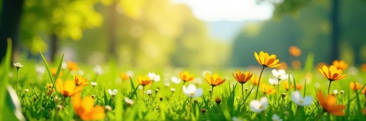 Fototapeta premium Bright sunlight on flowering meadow, vivid green grass , image, botanical