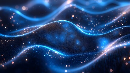 Fototapeta premium Blue light particles and wave glitters in a 3D abstract digital technology stock image,