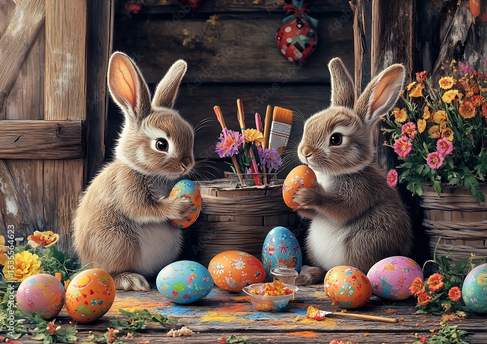 Poster charming scene of two bunnies with decorated easter eggs in a colorful flower garden : generative ai
