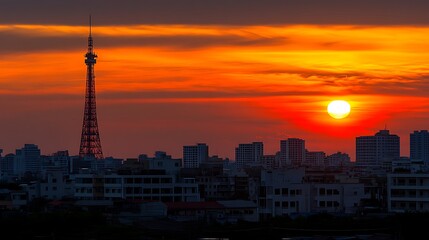 Obraz premium Fiery sunset over cityscape with communication tower.