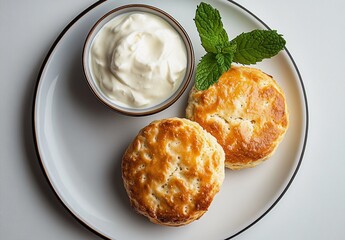 Close-up of two golden, freshly baked scones served on a white plate with a small bowl of creamy sour cream or clotted cream, garnished with fresh mint leaves