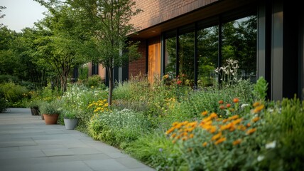 Modern Building's Garden with Vibrant Flowers and Lush Greenery at Sunset