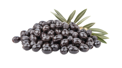 Fresh black olives with olive leaves isolated on white background