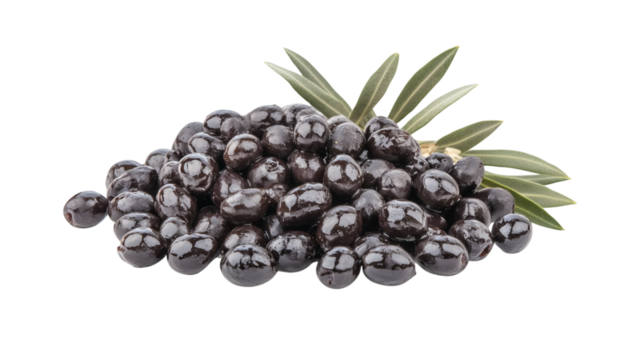 Fresh black olives with olive leaves isolated on white background