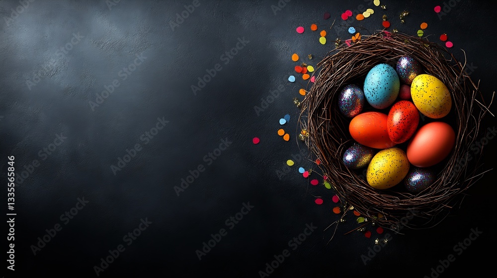 Poster festive easter egg arrangement in a decorative nest with colorful confetti on a dark surface : gener