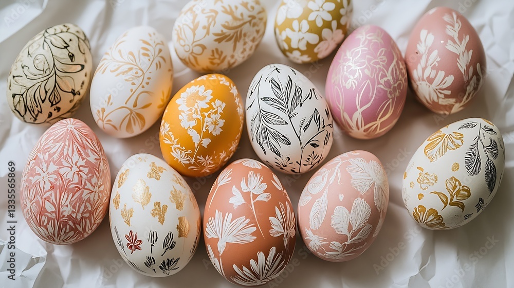 Poster Charming collection of Easter eggs with floral motifs in soft colors resting on crisp white paper background : Generative AI