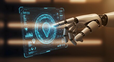 robot hand touching hologram touch screen