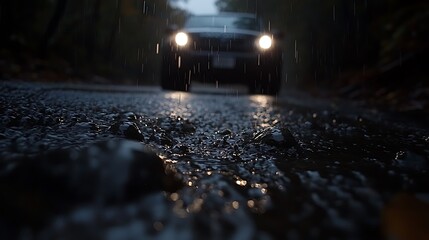 Car driving on rain-soaked road at night.