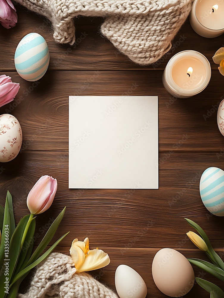 Aufkleber Stylish Easter arrangement of colorful eggs and blooms creating an inviting ambiance around a blank space on wood : Generative AI