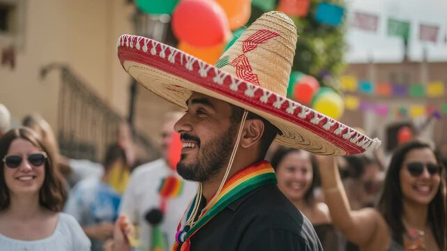 Man wearing sombrero celebrating Cinco de Mayo. Mexican festival atmosphere with colorful balloons and flags. Hispanic heritage and culture event.