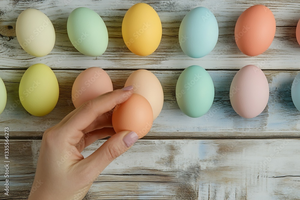 Poster Hand Selecting One Colorful Egg from Array of Colorful Eggs on Rustic Wooden Surface : Generative AI