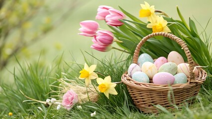 Fototapeta premium A Delightful Easter Basket Overflowing With Pastel Eggs Nestled Amongst Vibrant Tulips And Daffodils In A Sun-drenched Spring Meadow