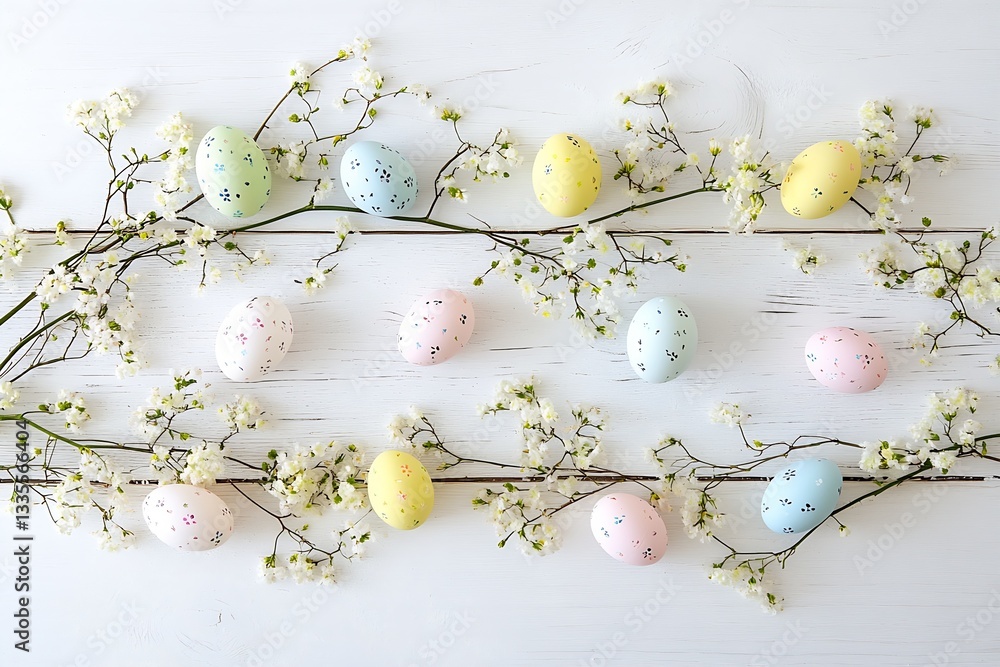 Poster Charming Easter Eggs Decorated with Sprinkles Surrounded by Delicate Blooms on a White Table : Generative AI
