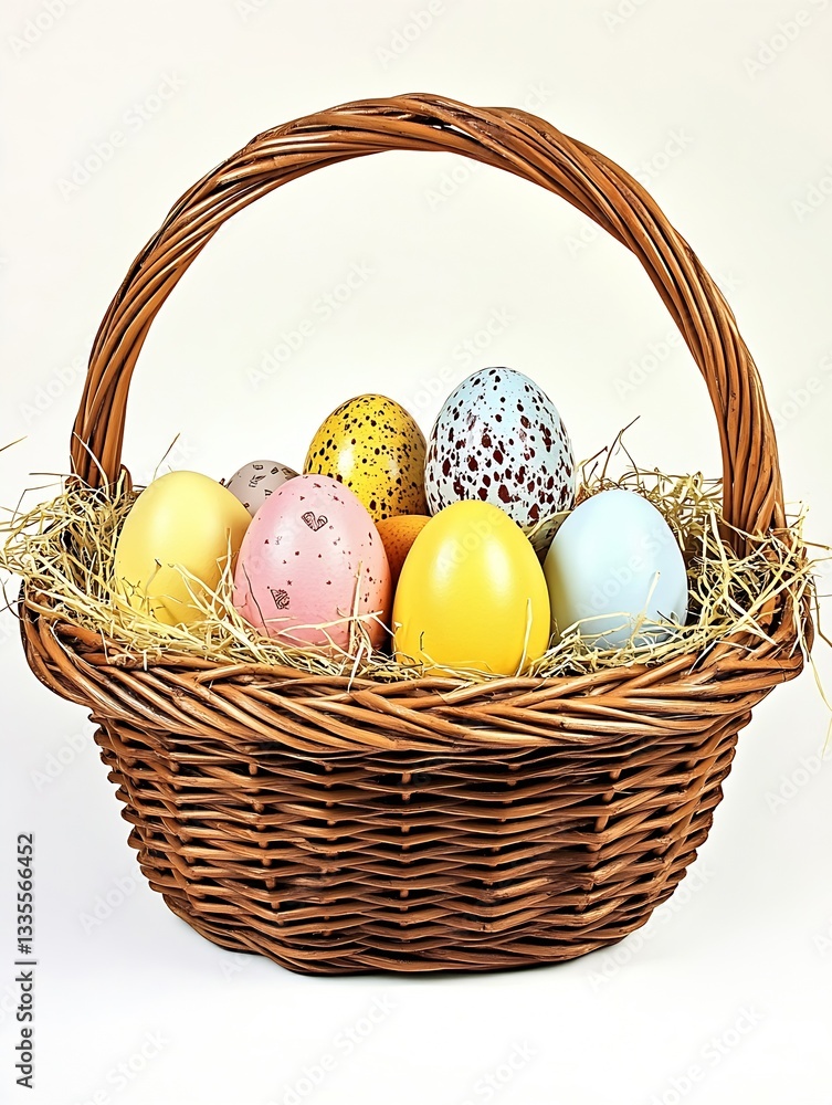 Poster Brightly colored Easter eggs nestled in a rustic basket with straw on a white background : Generative AI
