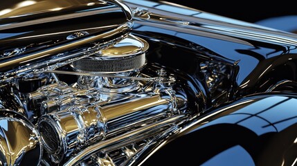 Fototapeta premium A close-up of the engine of a classic hot rod car with chrome details