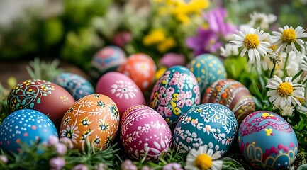 Vibrant Array of Artistically Decorated Easter Eggs Resting Among Mixed Spring Flowers and Fresh Green Grass : Generative AI