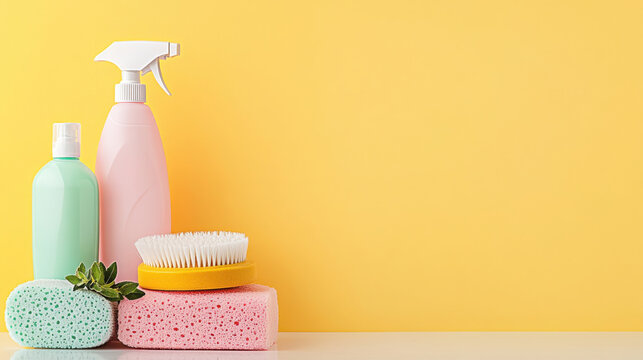 Spring cleaning essentials with bright cleaning supplies on yellow background for fresh start
