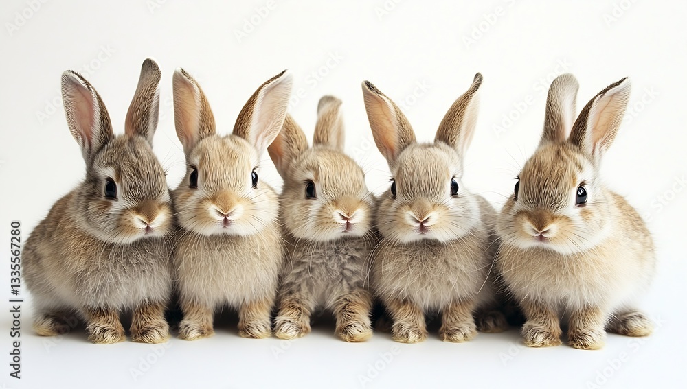 Poster charming group of baby bunnies with soft fur and playful expressions lined up in sequence : generati
