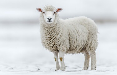 Fototapeta premium Fluffy White Sheep Standing on Snow-Covered Landscape with Perked-Up Ears