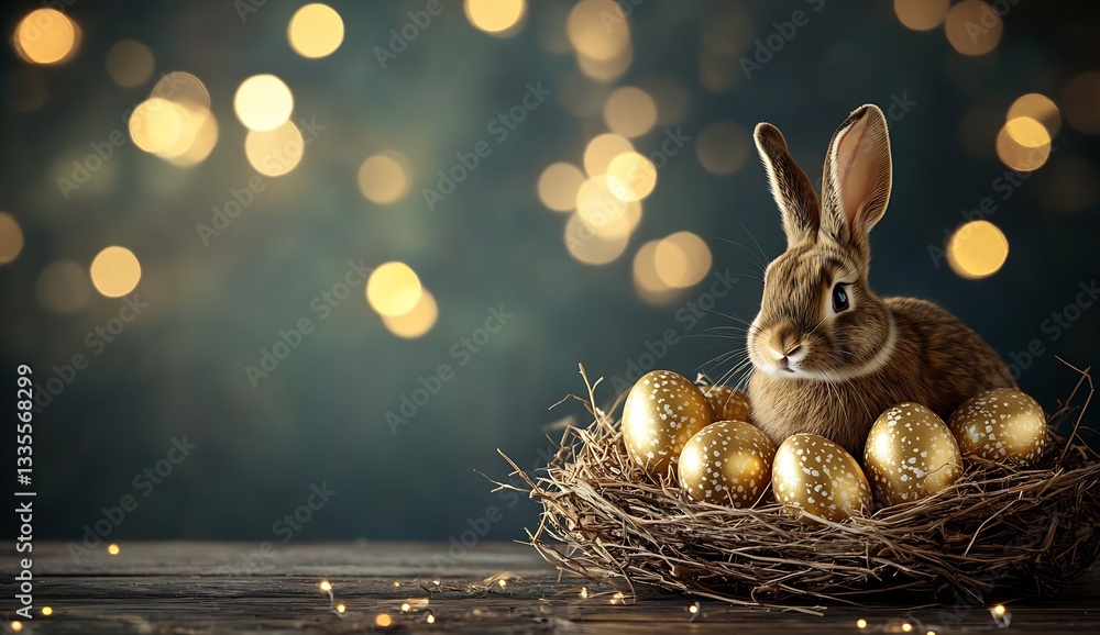 Poster charming bunny nestled in a cozy nest surrounded by elegant golden eggs and dreamy lights : generati