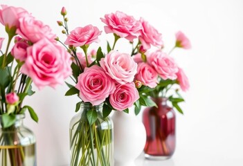 Elegant pink floral arrangement in a line of vases on a white background , floral arrangement, still life