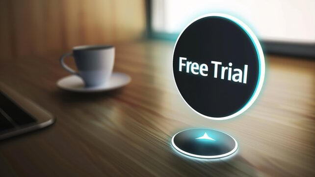 Close-up of glowing Free Trial button on sleek digital interface, symbolizing ease and accessibility for online services and digital marketing campaigns.
