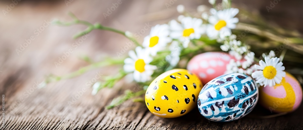 Poster charming collection of painted easter eggs and daisies on a rustic wooden surface : generative ai