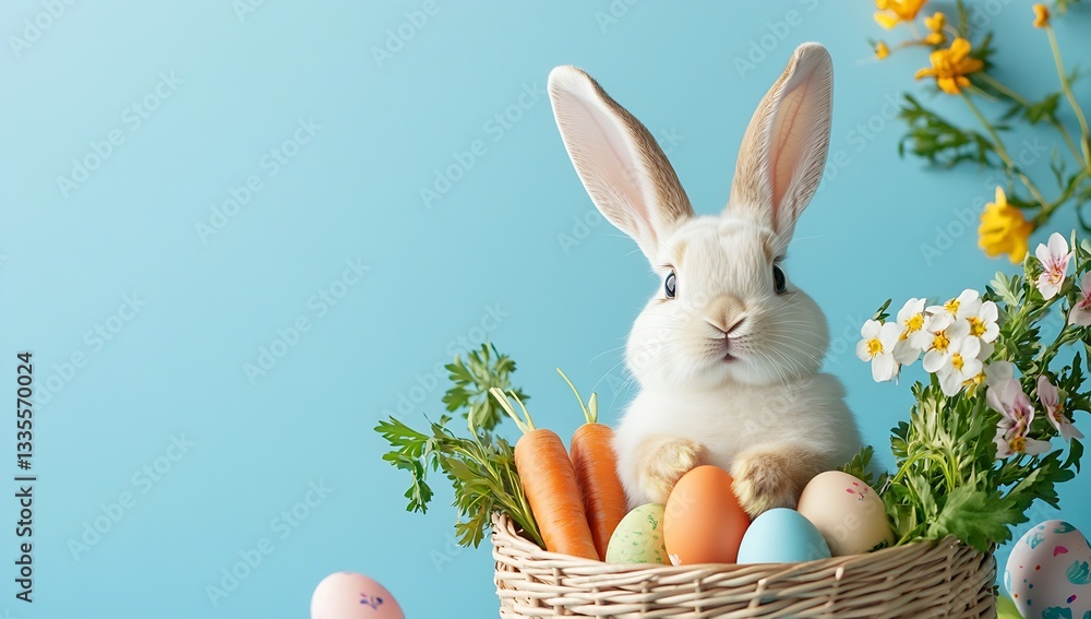 Aufkleber adorable rabbit with easter eggs and fresh vegetables in a basket surrounded by vibrant flowers for 