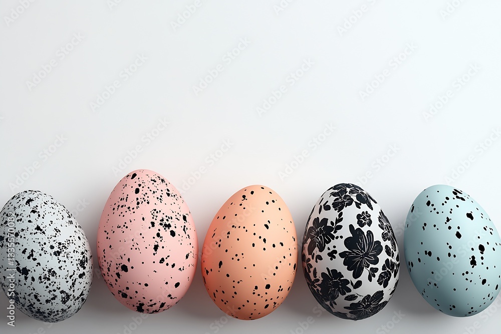 Aufkleber Five elegantly decorated Easter eggs with unique patterns placed on a smooth white surface : Generative AI